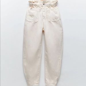 Zara Baggy Paperbag Jeans, Ecru, Size 4